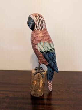 Folk Art Hand Carved & Painted Wooden Parrot, On A Wooden Stump